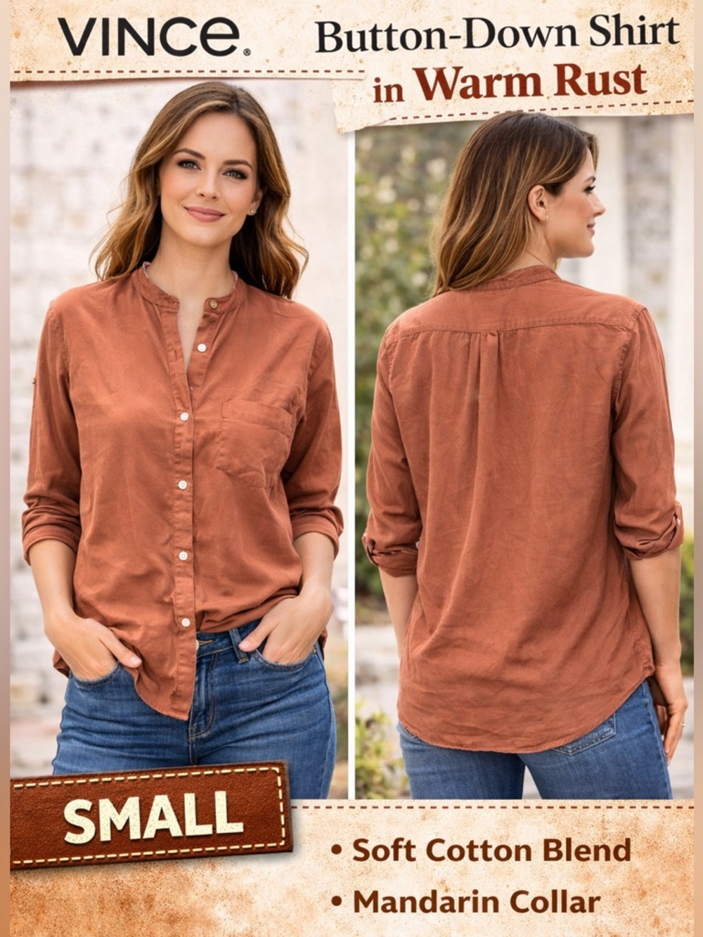 Vince Women's Button-Down Shirt in Warm Rust SMALL